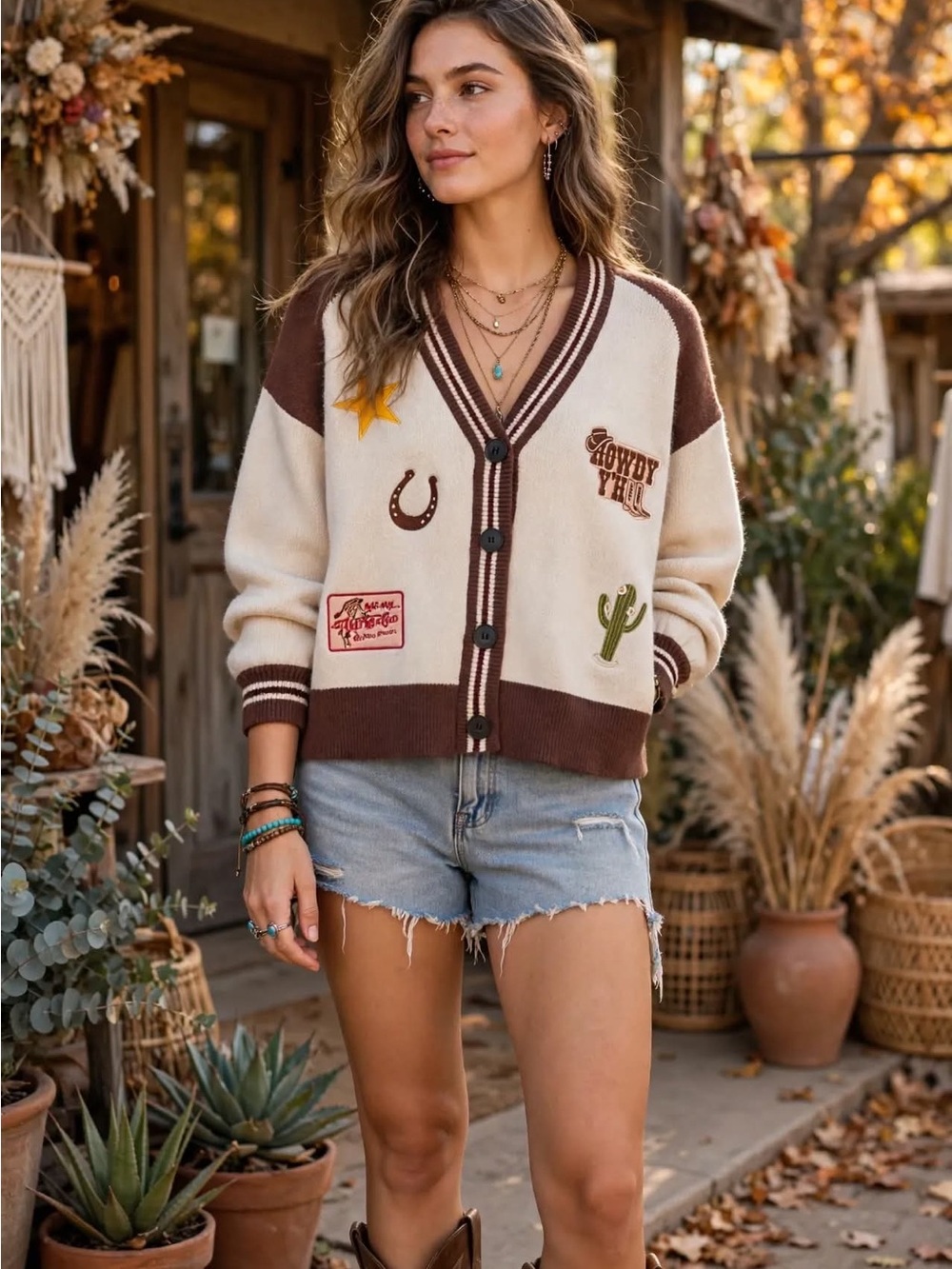 Western Patchwork Ivory and Brown V-Neck Cardigan